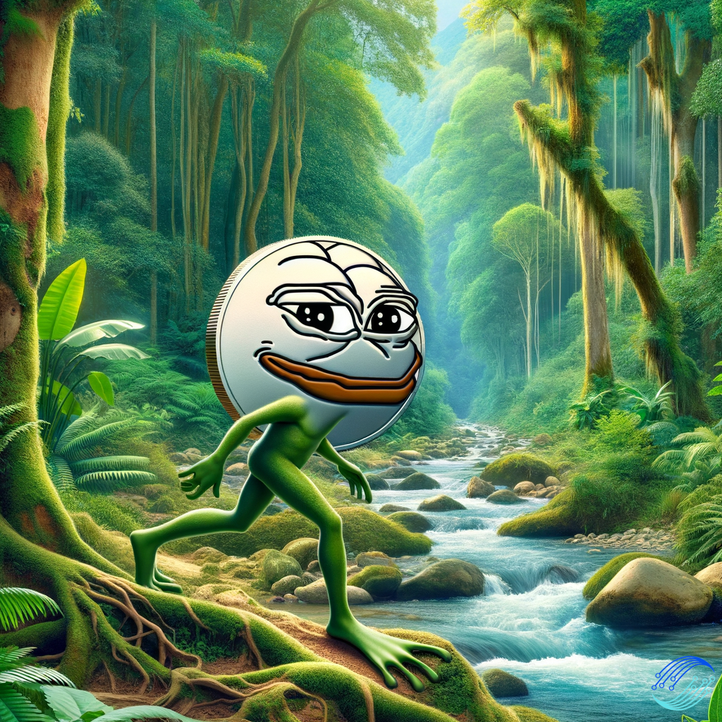 A pepe meme coinis walking in jungle near river