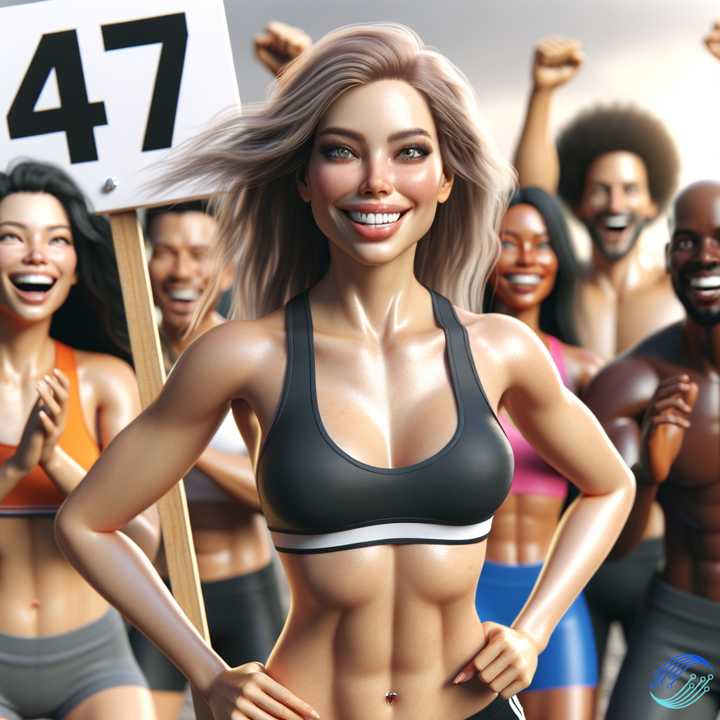 Realistic picture of a fit girl holding a sign with the number 47 on it. She is smiling and enthusiastic. People in the background happy