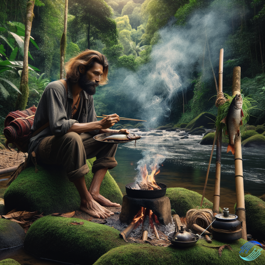 A man eating fresh fish in jungle near river