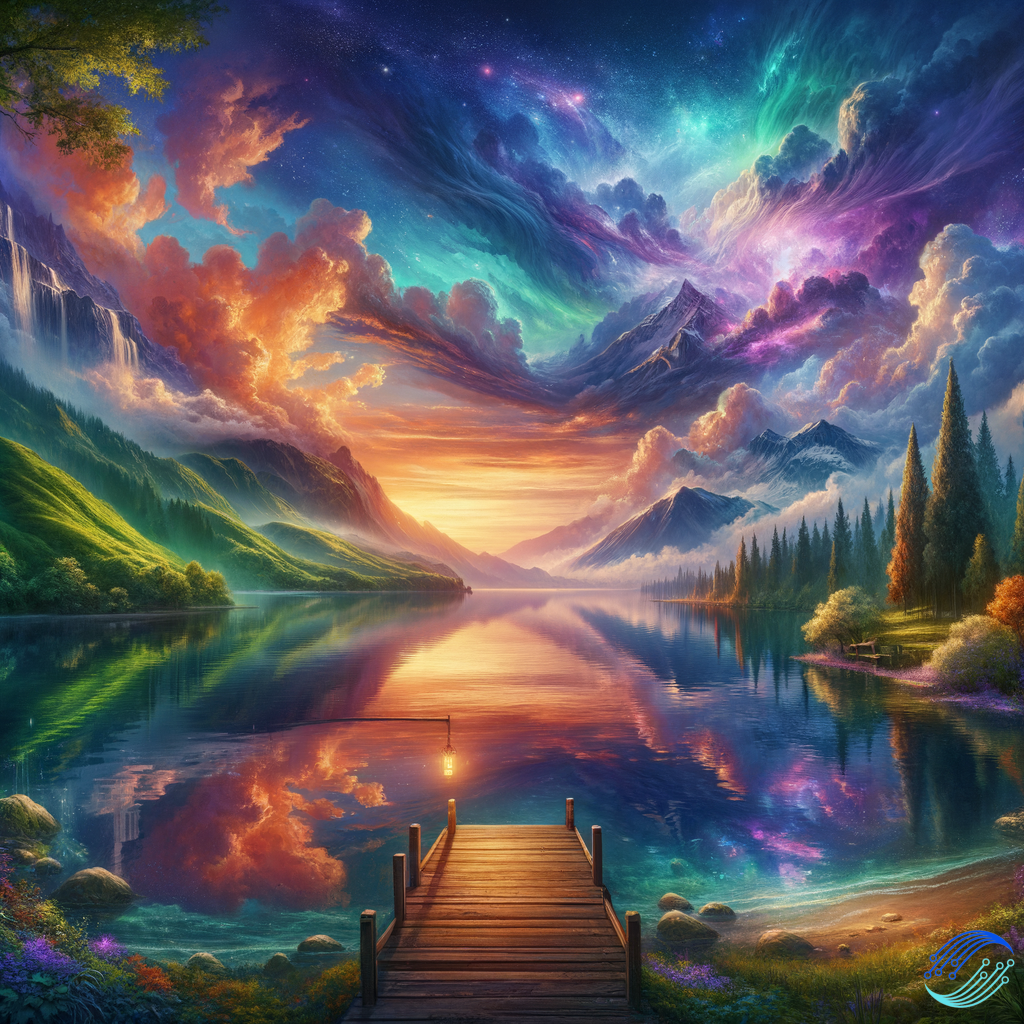 A serene fantasy landscape featuring a crystal-clear lake surrounded by lush, vibrant green hills and majestic snow-capped mountains in the distance. The sky is painted with a stunning sunset, transitioning from warm orange and pink hues to deep purples and blues. A small wooden pier extends into the lake, and a single glowing lantern hangs from a post at the end of the pier. The water reflects the sky and nearby scenery, creating a dreamy, tranquil atmosphere."