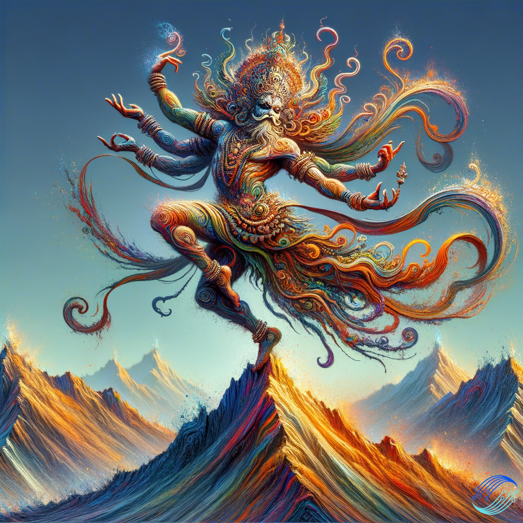 create an image of a hindu god, dancing wildyl on the top of a mountain - the god less looking like a statue