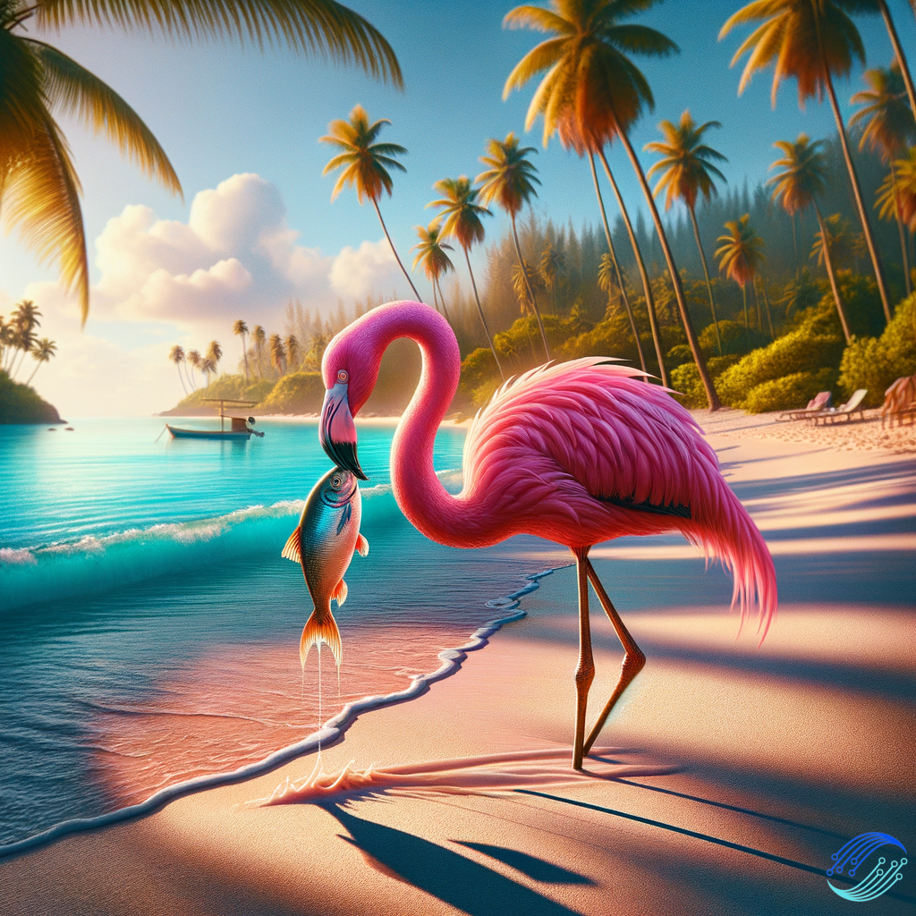 flamingo on a beach eating a fish