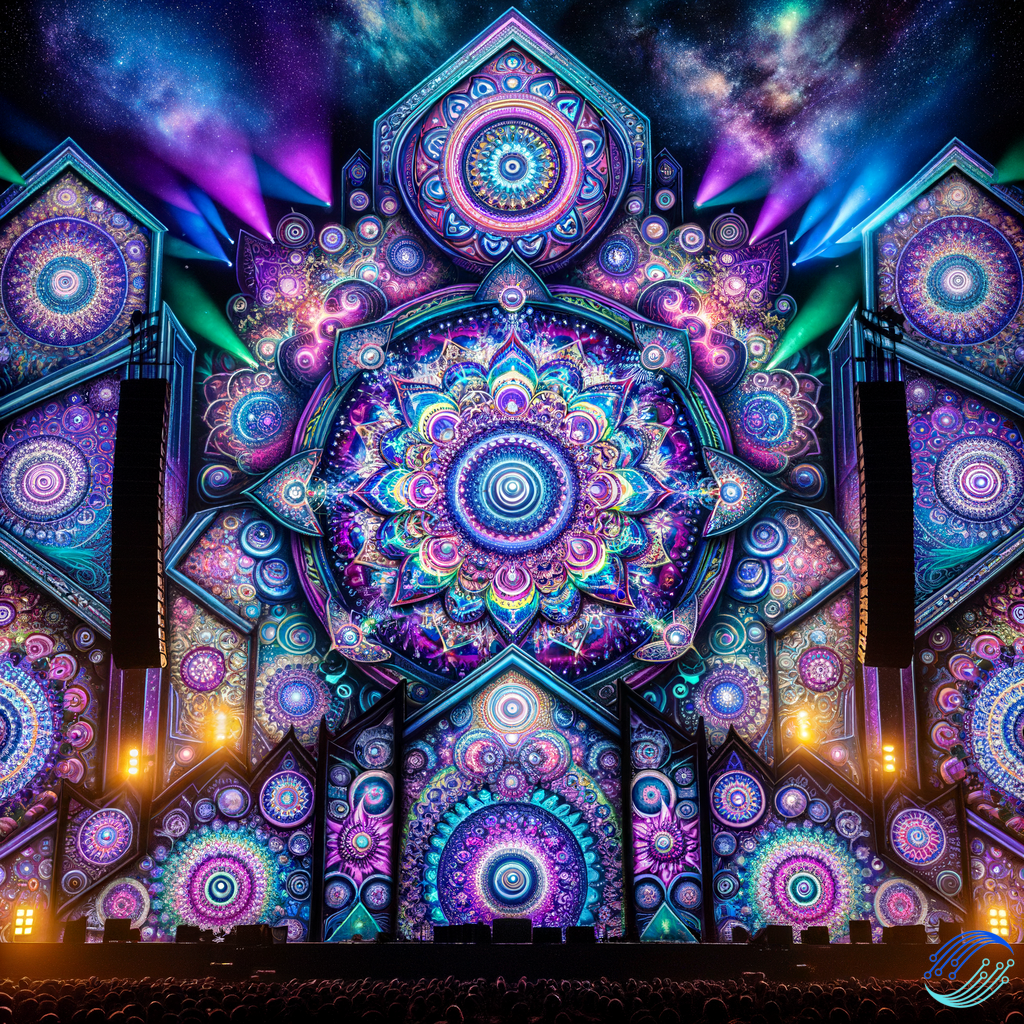 "A stunning stage with a psychedelic and mystical aesthetic, filled with detailed mandalas and kaleidoscopic patterns in vibrant colors such as neon, purple, electric blue and emerald green. The stage structure is adorned with fractal art projections and symbols of higher consciousness, such as the all-seeing eye, sacred geometry and ethereal silhouettes of meditative figures. Dynamic lighting and immersive visuals create an immersive atmosphere, evoking a state of mental and spiritual expansion. The backdrop features a cosmic sky with galaxies and nebulas, merging with the psychedelic patterns for a hypnotic sensory experience."