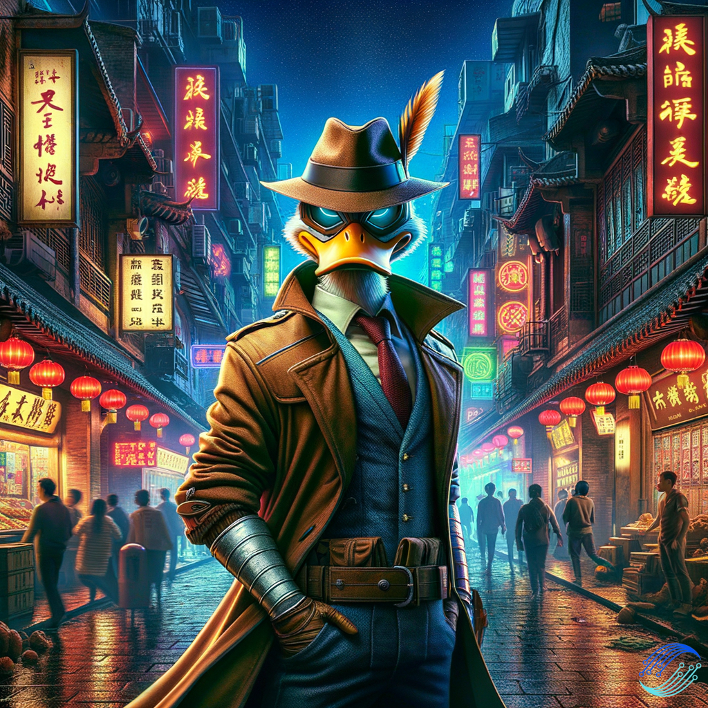 make a nft picture, a charachter like darkwing duck in realism in the streets of china, it must be cool and vibrand colours