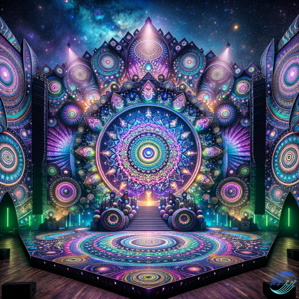 A compact yet stunning stage with a psychedelic and mystical aesthetic, filled with detailed mandalas and kaleidoscopic patterns in vibrant colors such as neon, purple, electric blue and emerald green. Despite its small size, the structure is adorned with fractal art projections and symbols of elevated consciousness, such as the all-seeing eye, sacred geometry and meditative figures. Dynamic lighting and immersive visual effects create an immersive atmosphere. The background shows a cosmic sky with galaxies and nebulas that merge with the psychedelic patterns, generating a hypnotic sensory experience in a more intimate and immersive space.