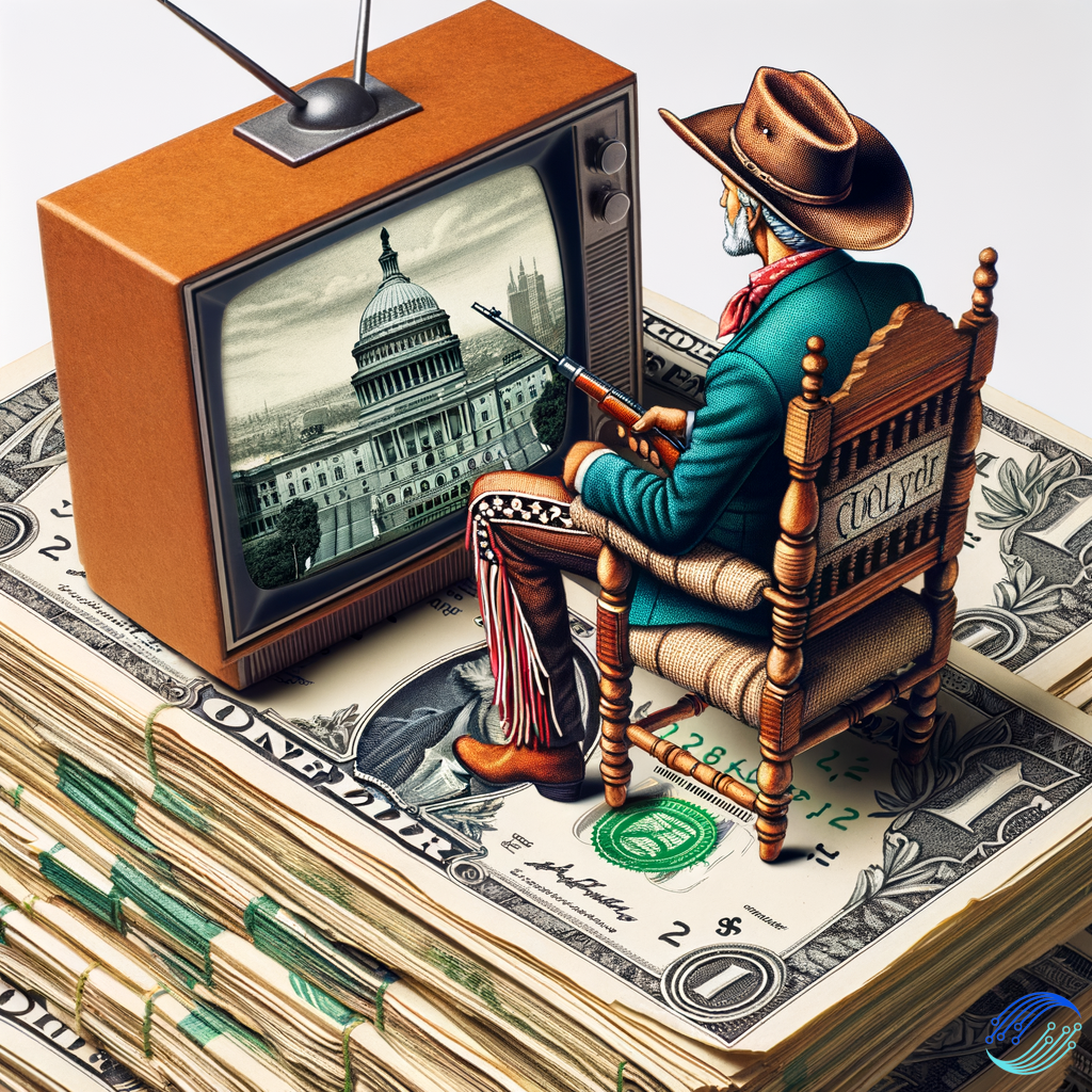 a pile of dollars and an american cowboy set on it watching tv. On the televisor is written Colle & Trump