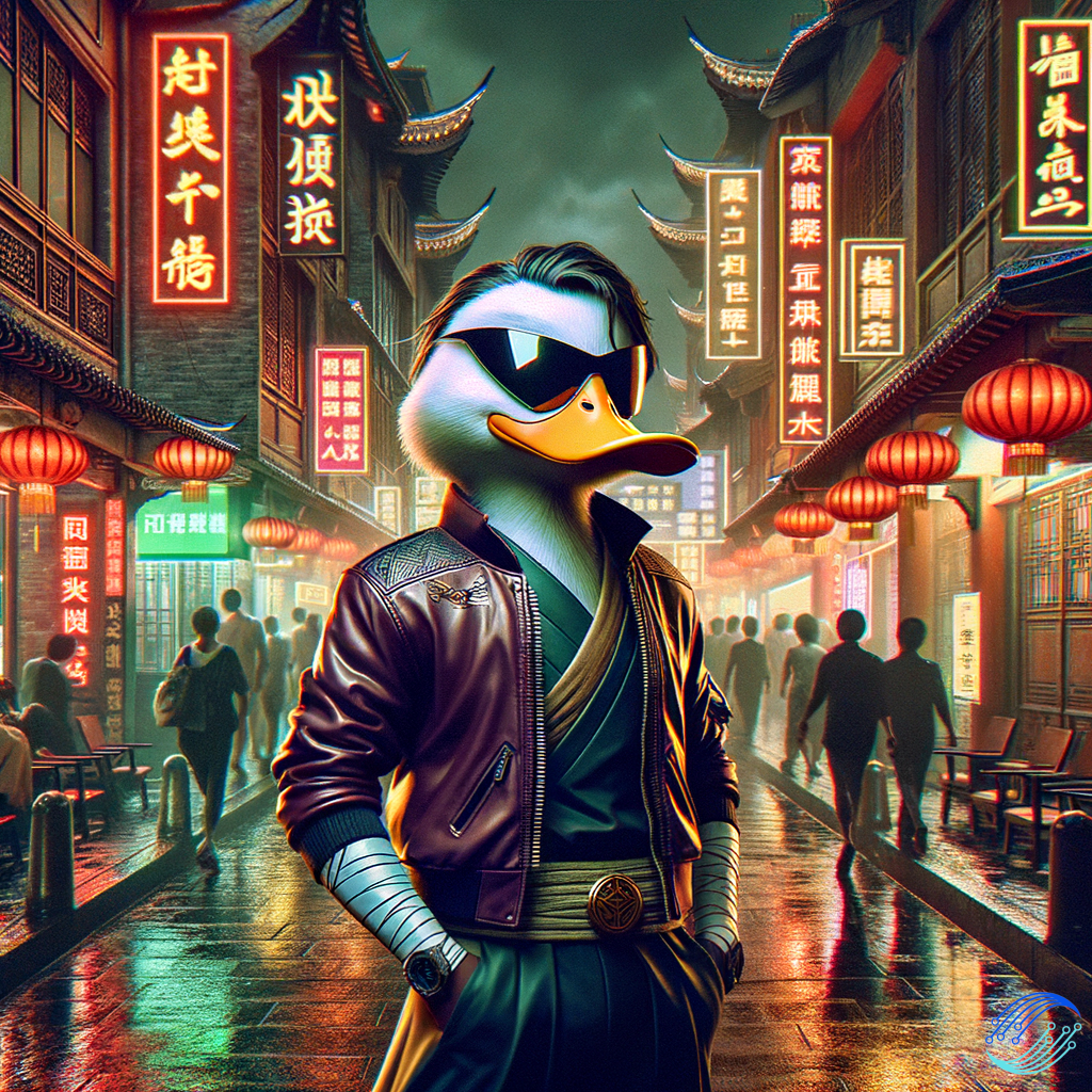 make a nft picture, a charachter like darkwing duck in realism in the streets of china, it must be cool and vibrand colours