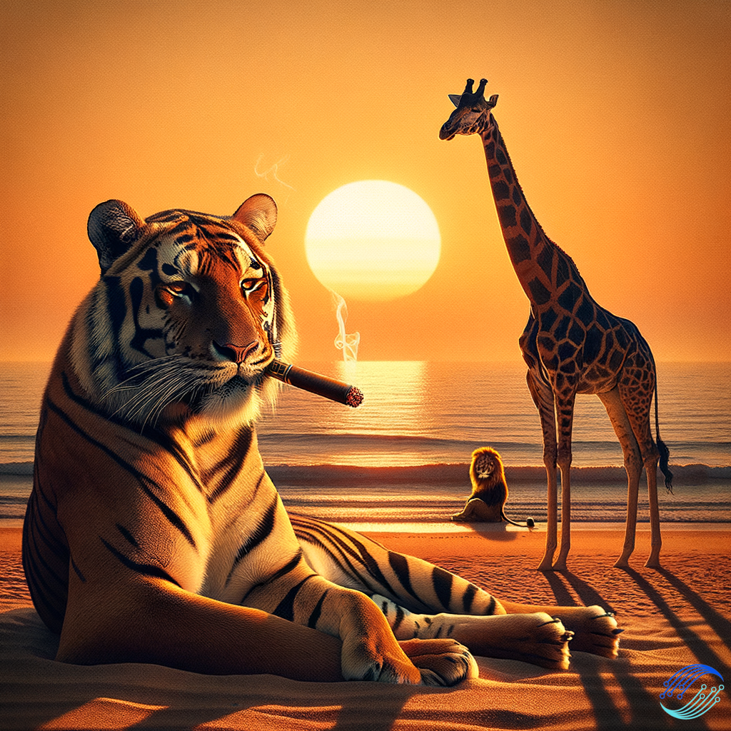 a tiger with a cigar sit on sand on the beach in front of a giraffa