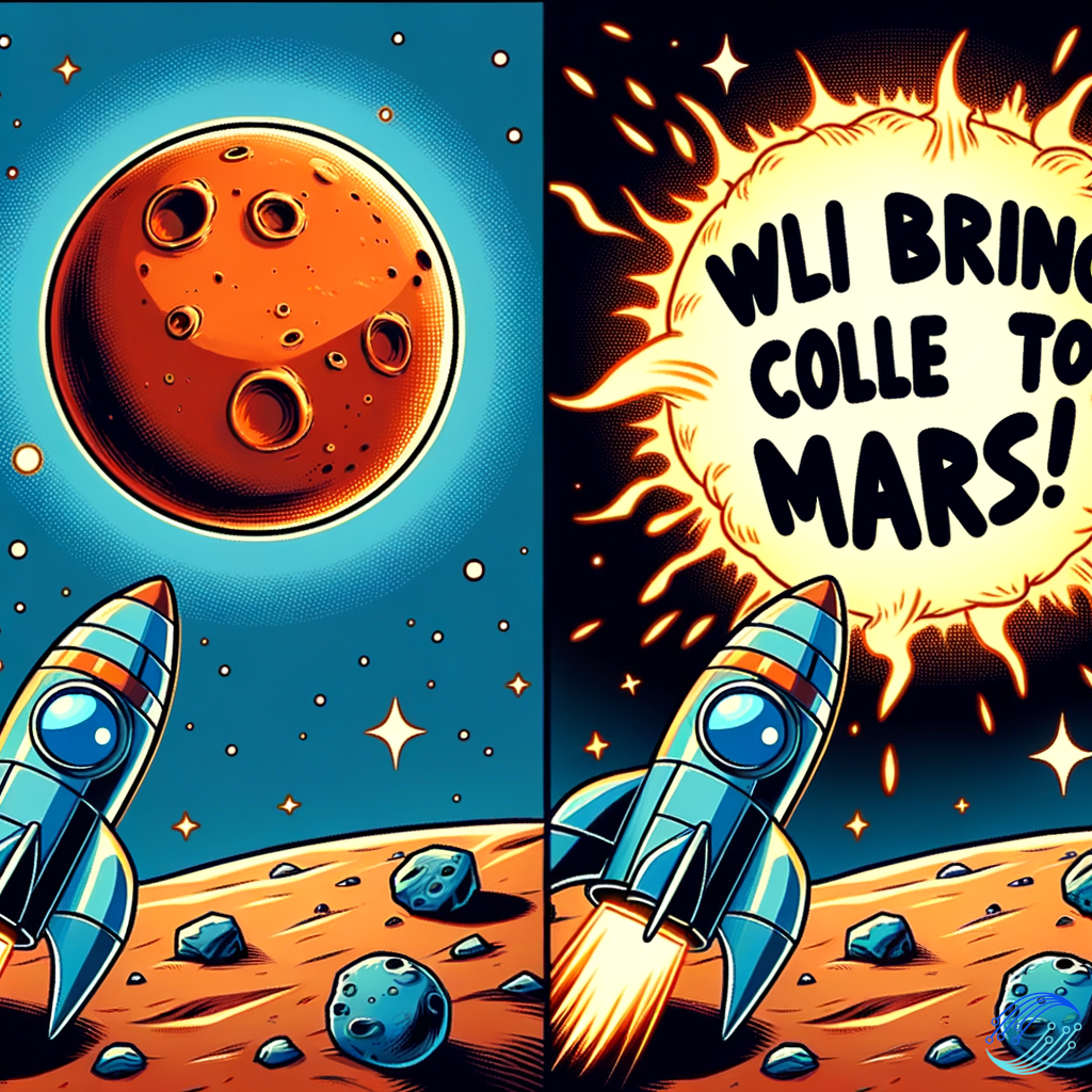 A rocket and mars in cartoon style. on mars is write  "WLFI bring Colle to mars!"