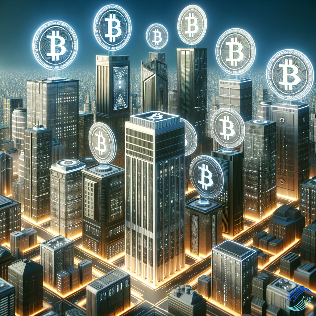 "Create a professional illustration of a futuristic Bitcoin city, showcasing a vibrant urban landscape filled with skyscrapers adorned with Bitcoin logos."