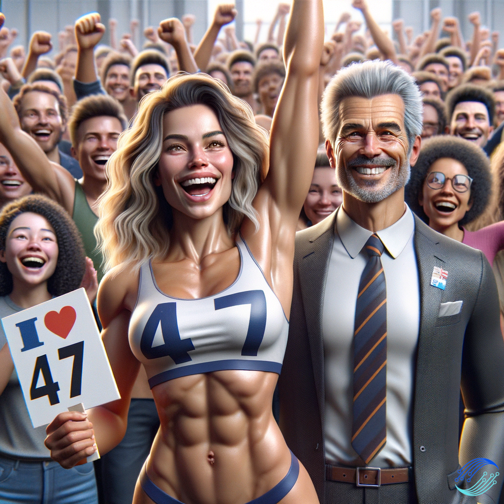 Realistic picture of a fit girl holding a sign with the number 47 on it. She is smiling and enthusiastic. Trump is standing next to her. People in the background happy