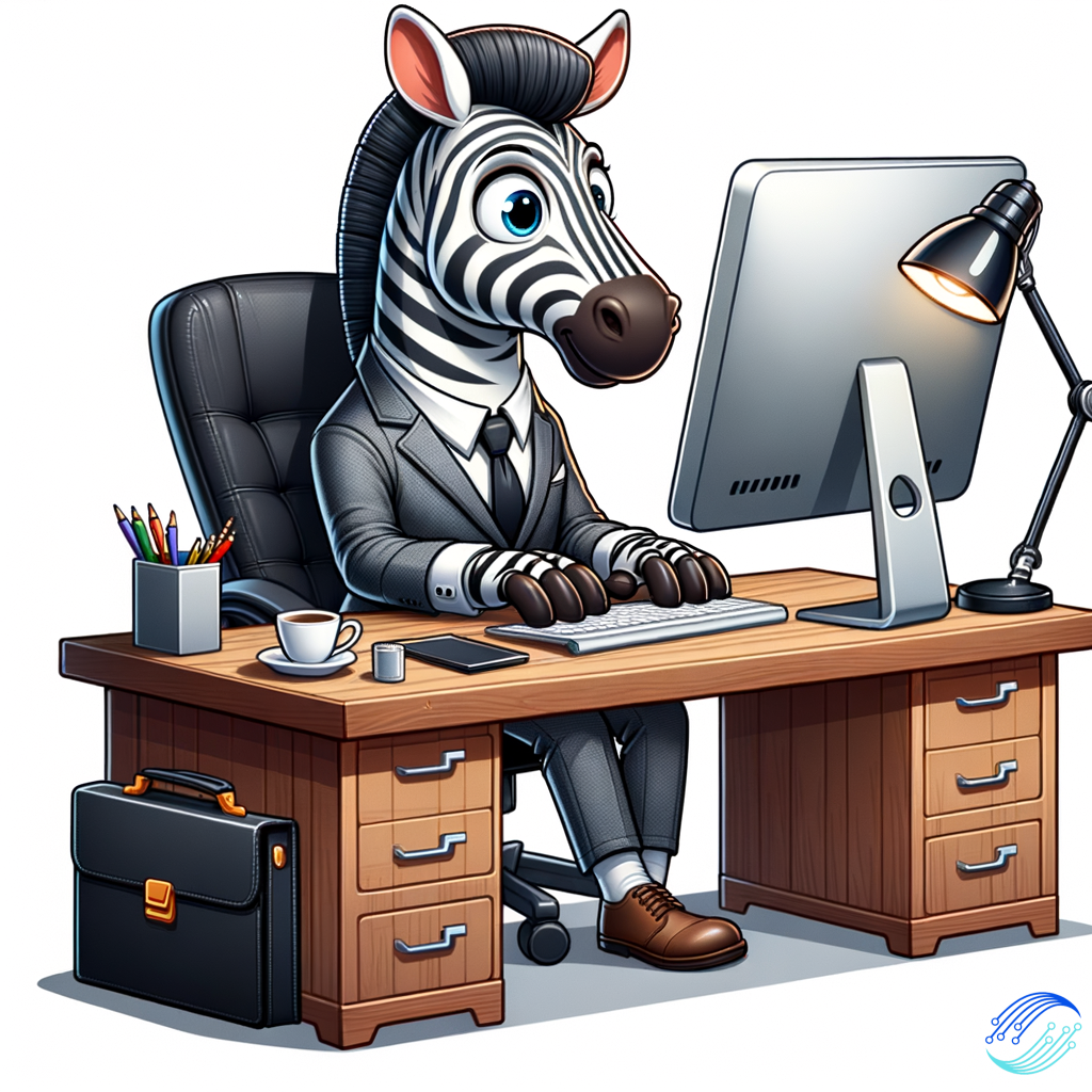 a zebra cartoon thas is working on computer in office