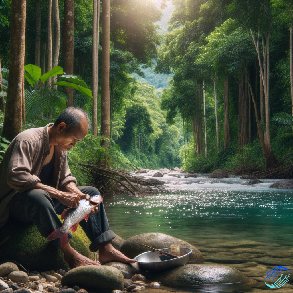 A man eating fresh fish in jungle near river