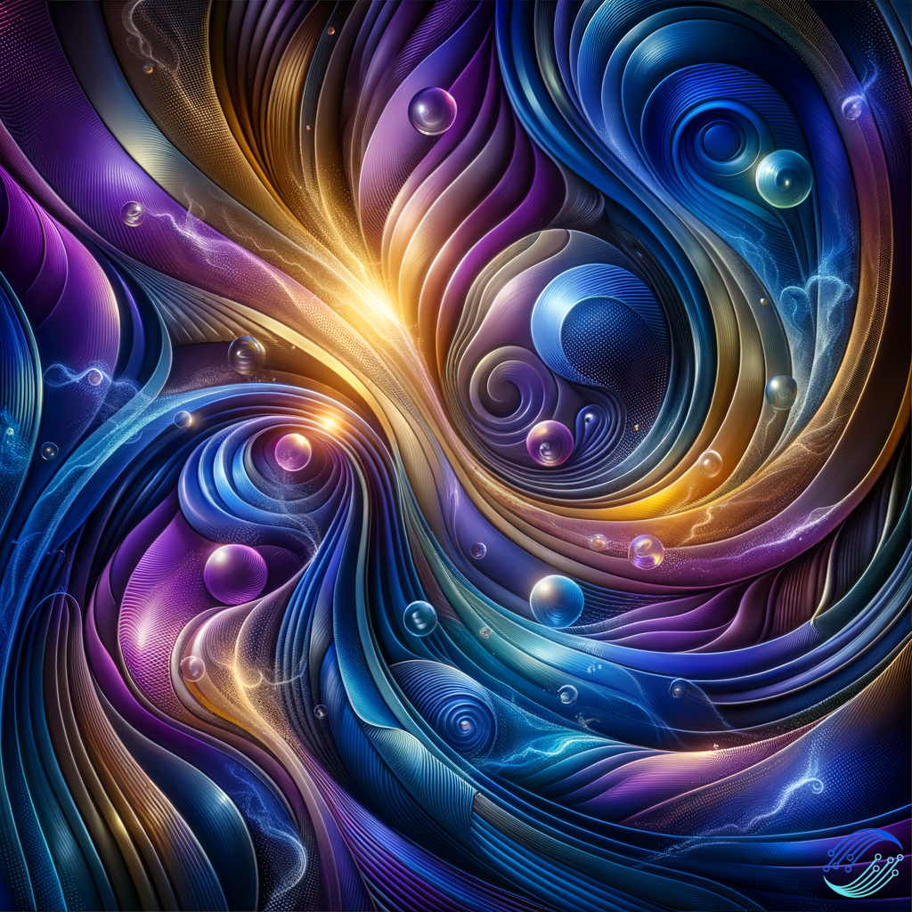 "An intricate abstract composition with a harmonious blend of flowing shapes and vibrant, vivid colors. The design features interwoven swirling patterns, resembling liquid streams, in a gradient of deep sapphire blue, luminous amethyst purple, and radiant metallic gold. The shapes appear to ripple and merge seamlessly, creating a sense of depth and fluid motion, as if suspended in zero gravity. Soft, glowing orbs of light peek through the patterns, casting subtle reflections and shadows, adding a dreamy and ethereal atmosphere. Fine textures resembling brushed metal and soft mist are scattered across the scene, enhancing its otherworldly and dynamic essence