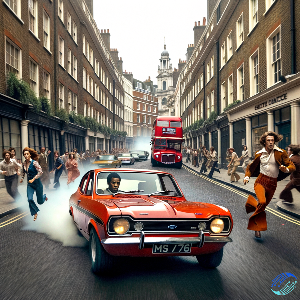 A 70s car chase thru the streets of London. One care must be a Ford Cortina