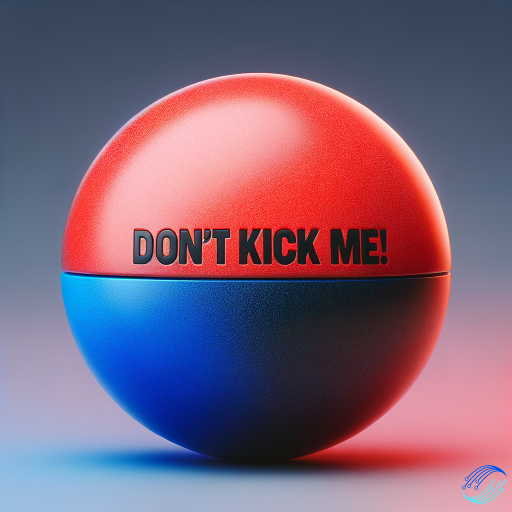 a ball red and blue with written "don't kick me!"