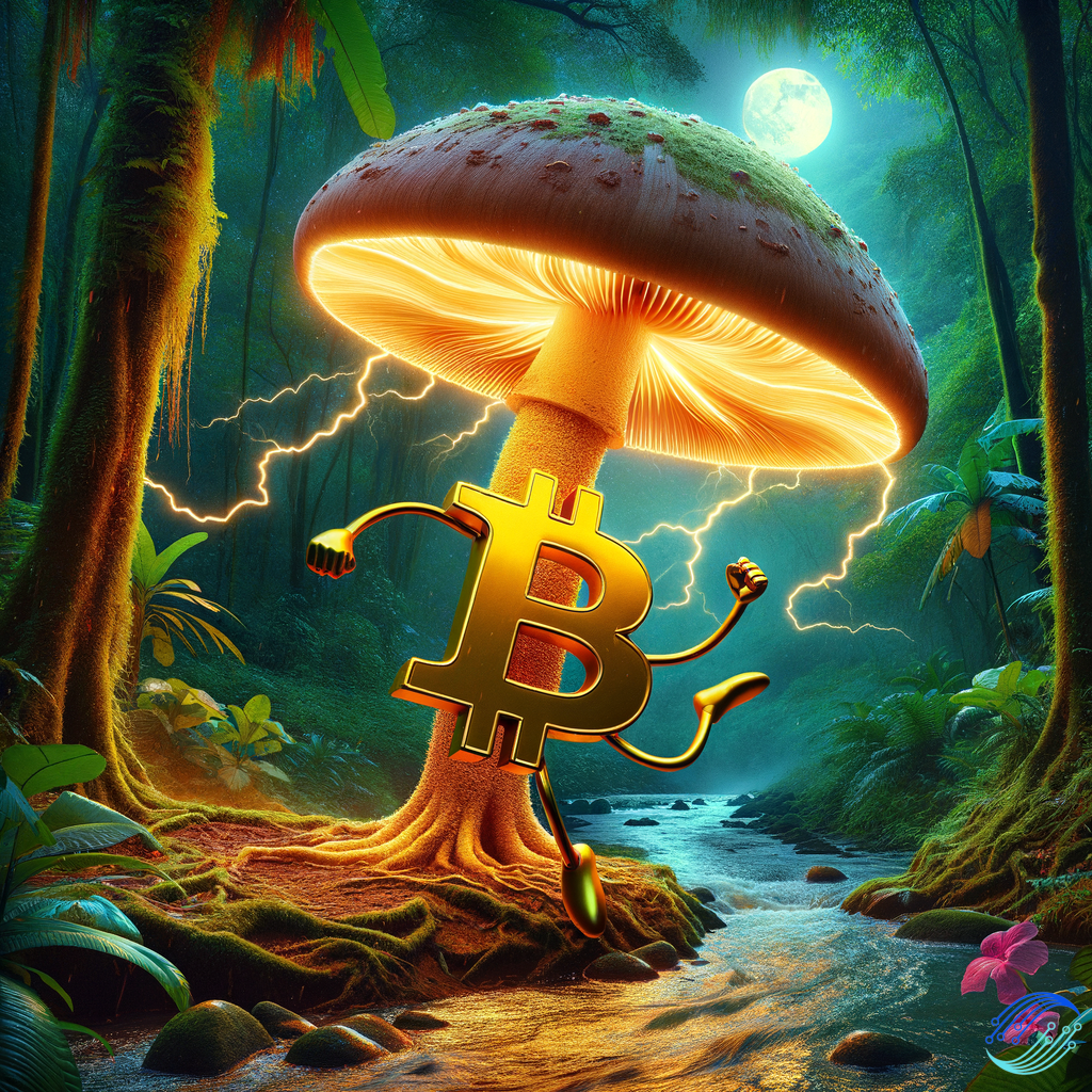 A bitcoin is dancing in jungle in under a mushroom lightning tree near river in the night