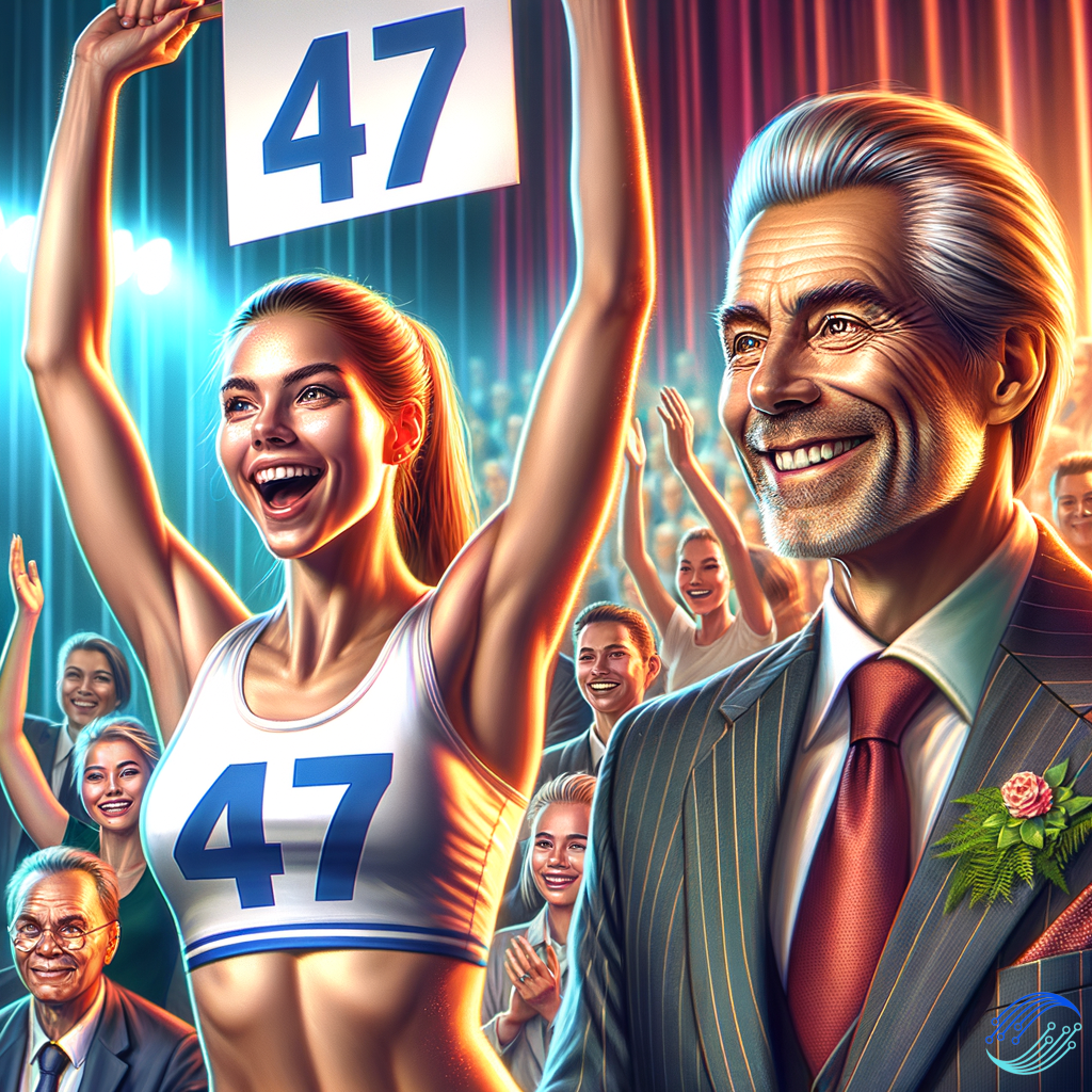 Realistic picture of a fit girl holding a sign with the number 47 on it. She is smiling and enthusiastic. Donald Trump USA president is standing next to her. People in the background happy