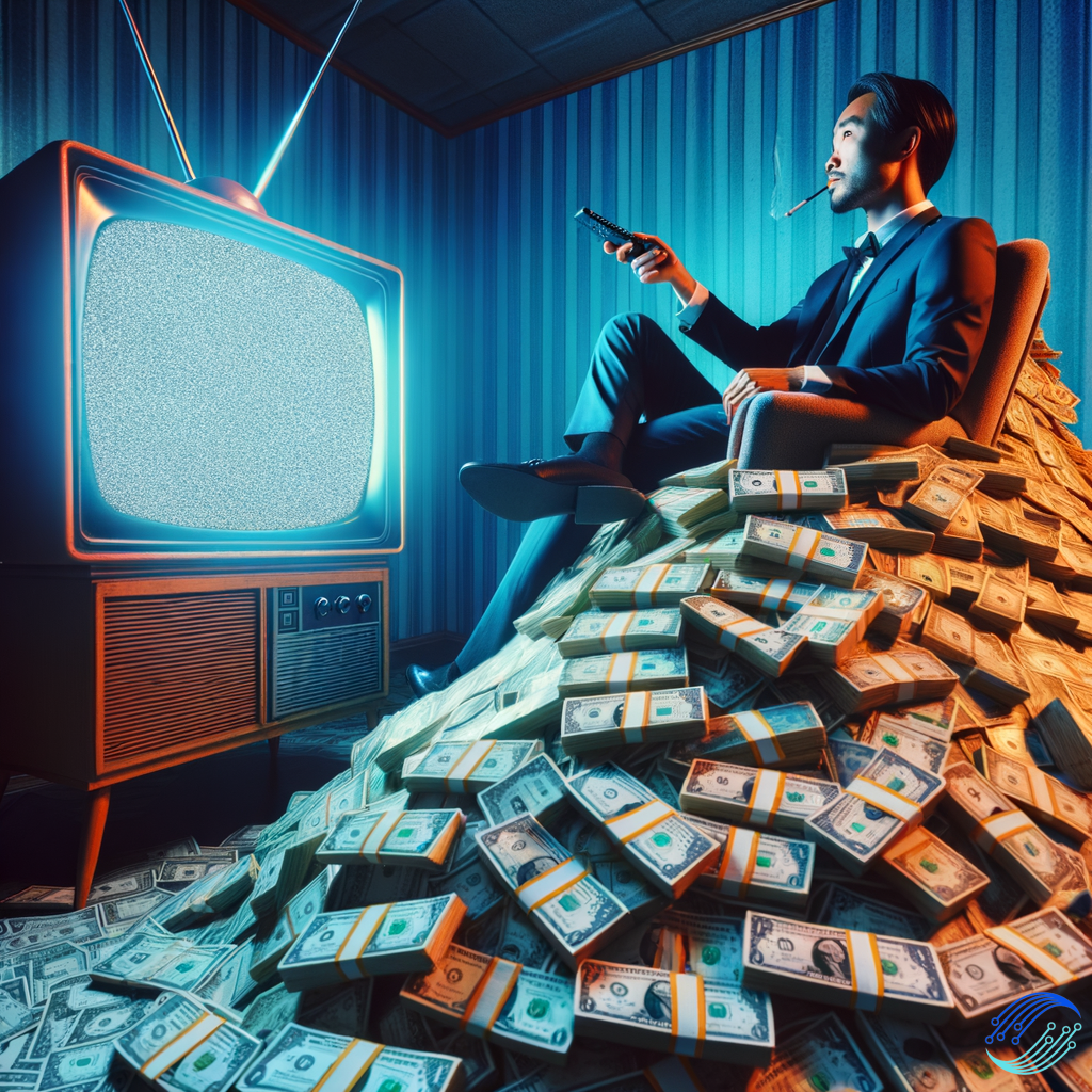 a pile of dollars and a man set on it watching tv