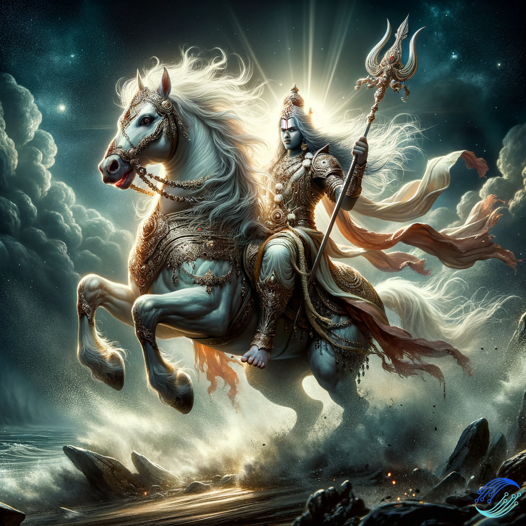 White furious horse on which lord vishu is sitting in war suit