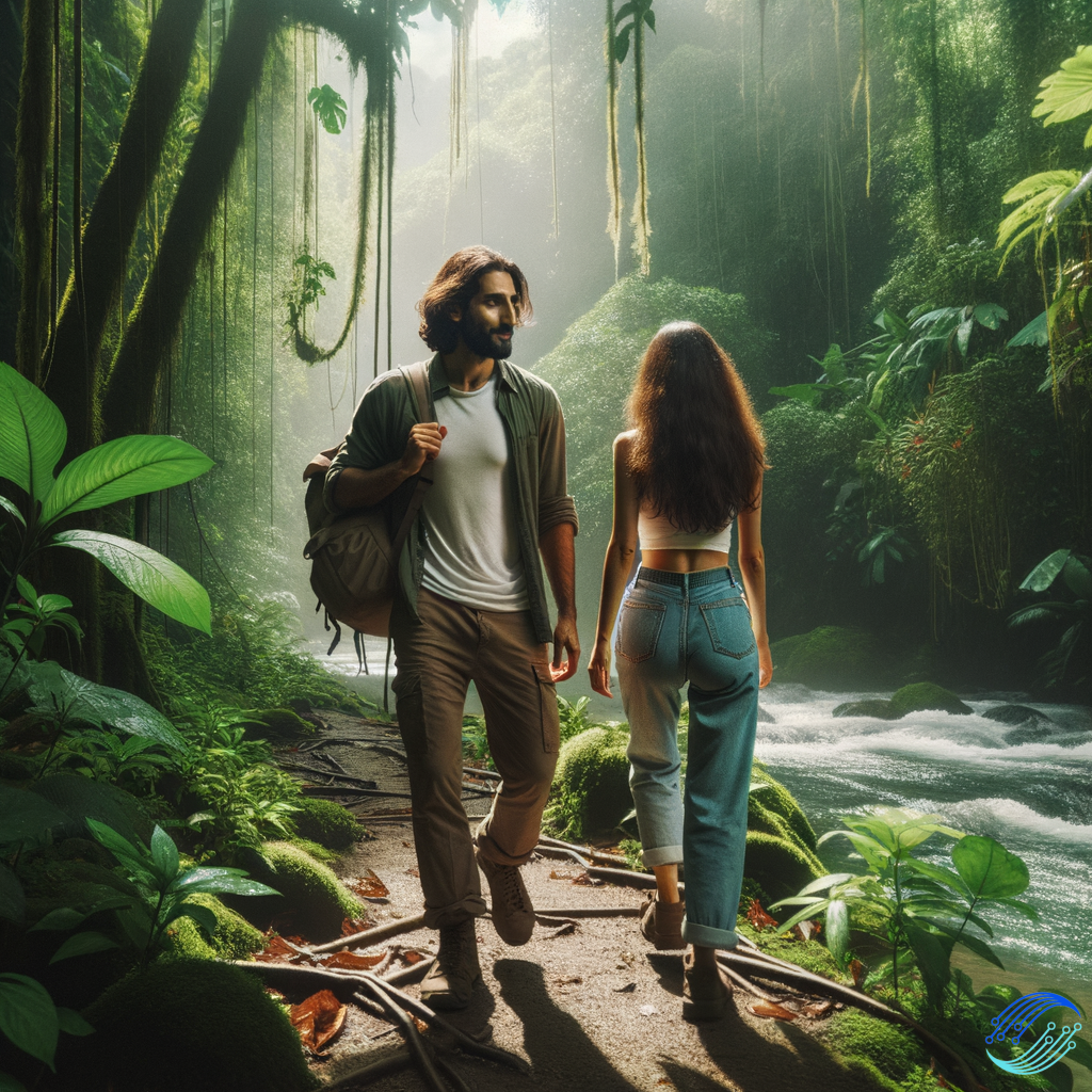 A couple is walking in jungle near river