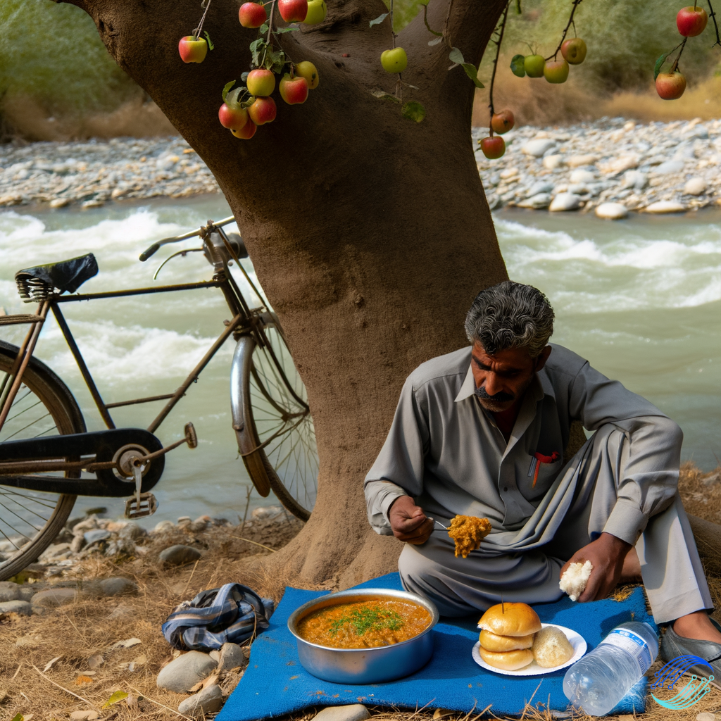 A man eating pav bhaji and chole bhature in jungle under apple tree near river with their bicycle