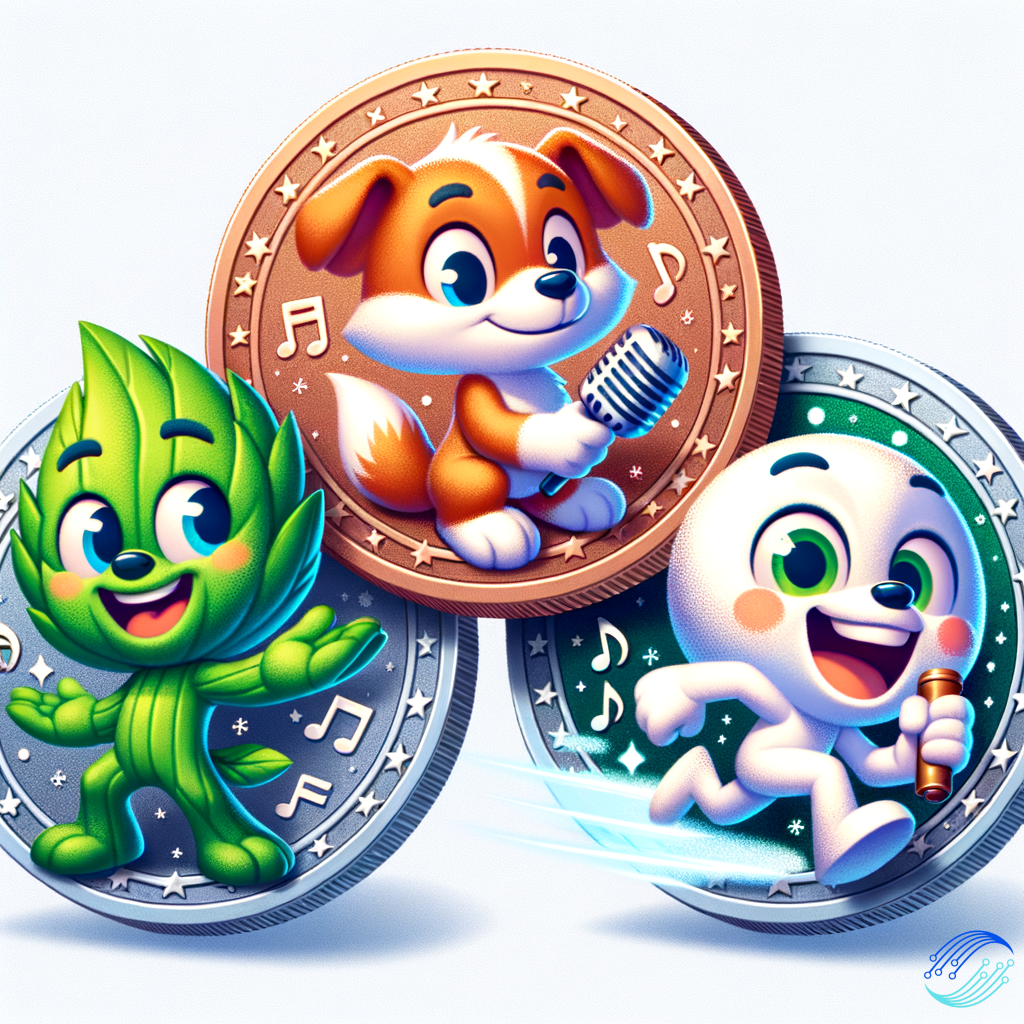 A picture of the mascots for Pepe, Doge, and Turbo meme coins singing Christmas carols