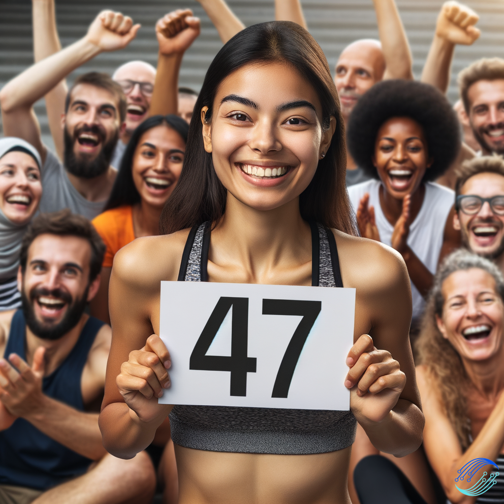 Realistic picture of a fit girl holding a sign with the number 47 on it. She is smiling and enthusiastic. People in the background happy