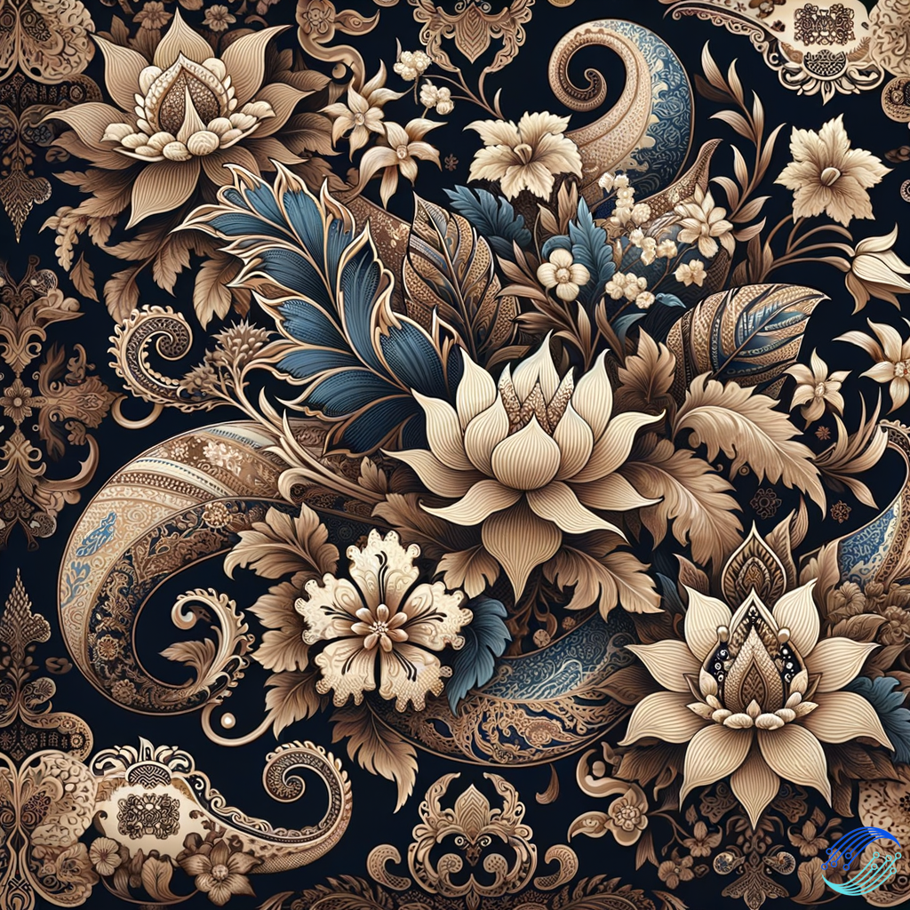 A timeless and intricate batik design inspired by traditional Indonesian heritage. The pattern features elaborate floral motifs, including lotus flowers, jasmine blooms, and tropical leaves, intertwined with graceful flowing vines. Delicate paisley shapes and subtle kawung patterns are incorporated for added depth and cultural richness. The layout is symmetrical, with a repeating pattern that radiates balance and harmony. The color palette consists of deep indigo blue, rich chocolate brown, and warm gold accents, enhanced with subtle cream highlights to evoke a luxurious and classic feel. Fine textures resembling hand-drawn wax-resist techniques add authenticity, while intricate detailing brings the design to life, perfect for a traditional yet elegant statement piece."