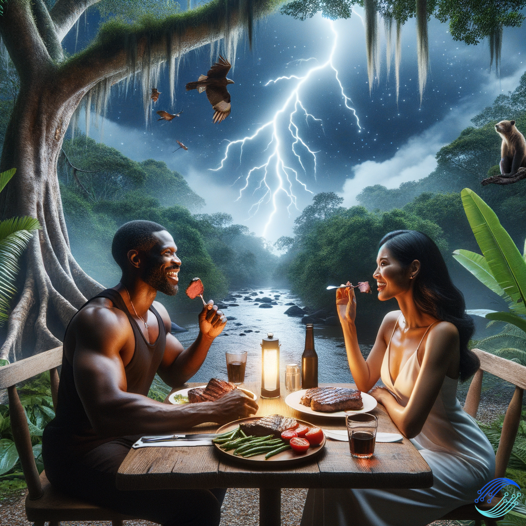 A manis doing a great dinner in jungle in under lightning tree near river in the night with his wife